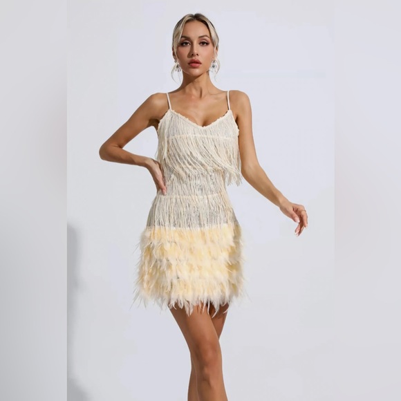Lilliana Champagne Feather Tassel Sequin Mini Dress - Picture 1 of 6